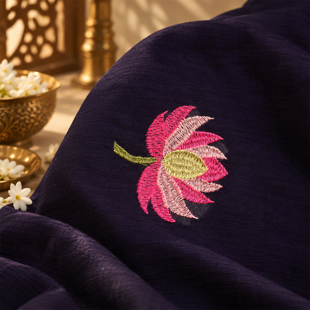 Mul cotton sarees with Lotus Embroidery